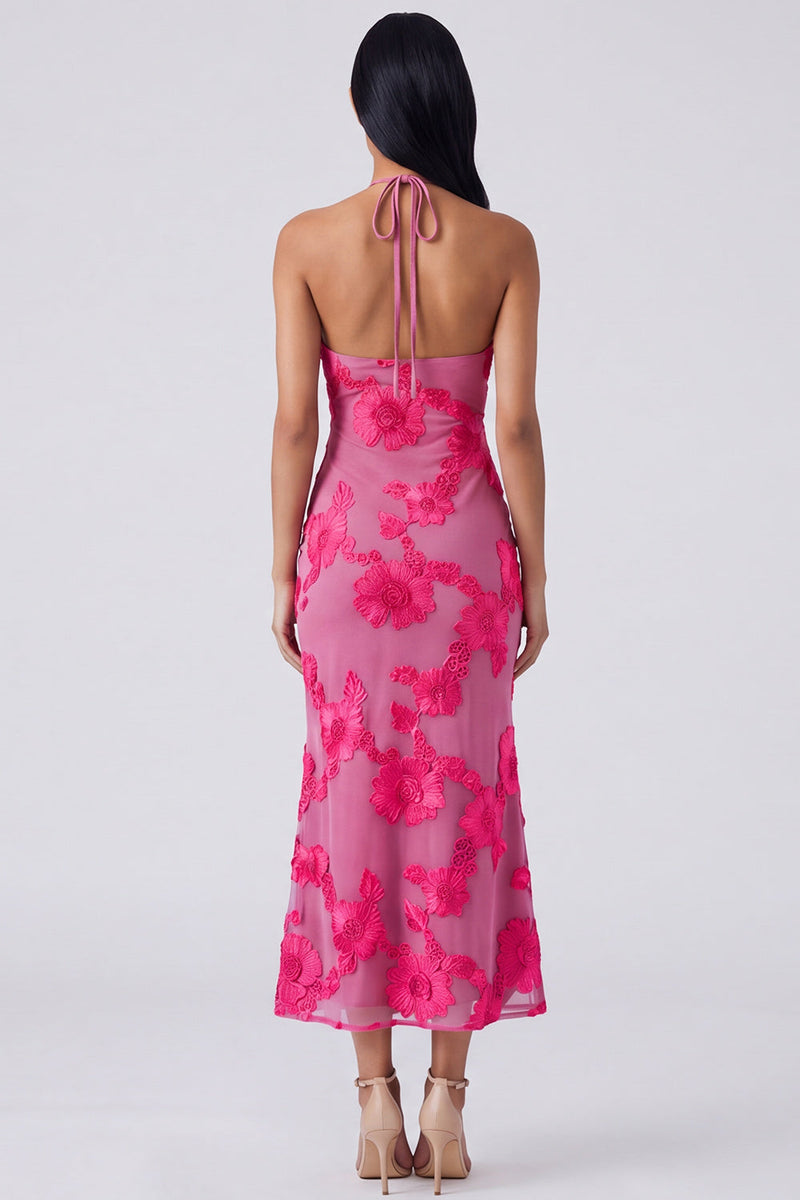 Laden Sie das Bild in den Galerie-Viewer, Salbei-Neckholderhals-Meerjungfrauen-Midi-Kleid mit Blumenstickerei