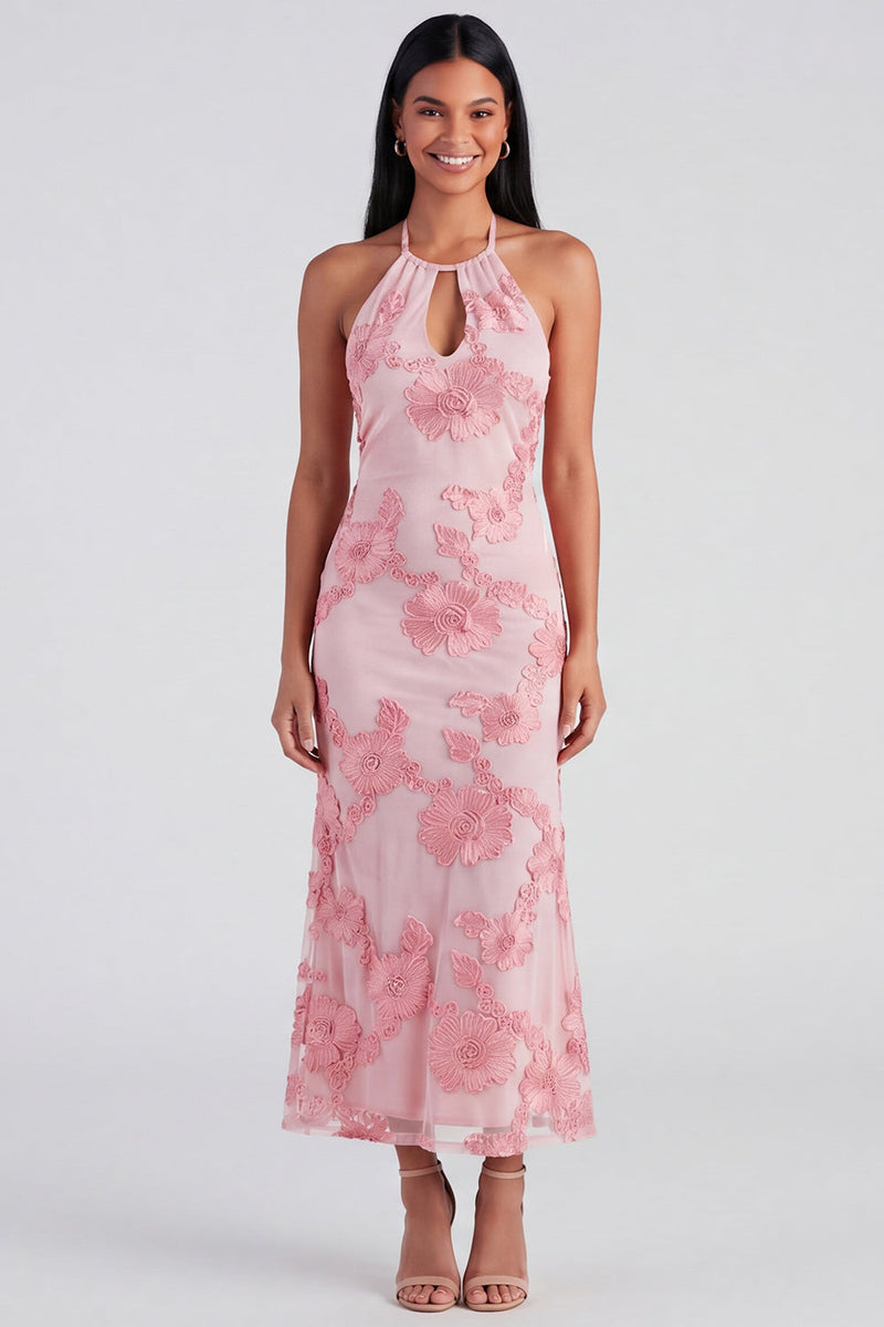 Laden Sie das Bild in den Galerie-Viewer, Salbei-Neckholderhals-Meerjungfrauen-Midi-Kleid mit Blumenstickerei