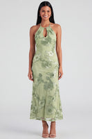Laden Sie das Bild in den Galerie-Viewer, Salbei-Neckholderhals-Meerjungfrauen-Midi-Kleid mit Blumenstickerei