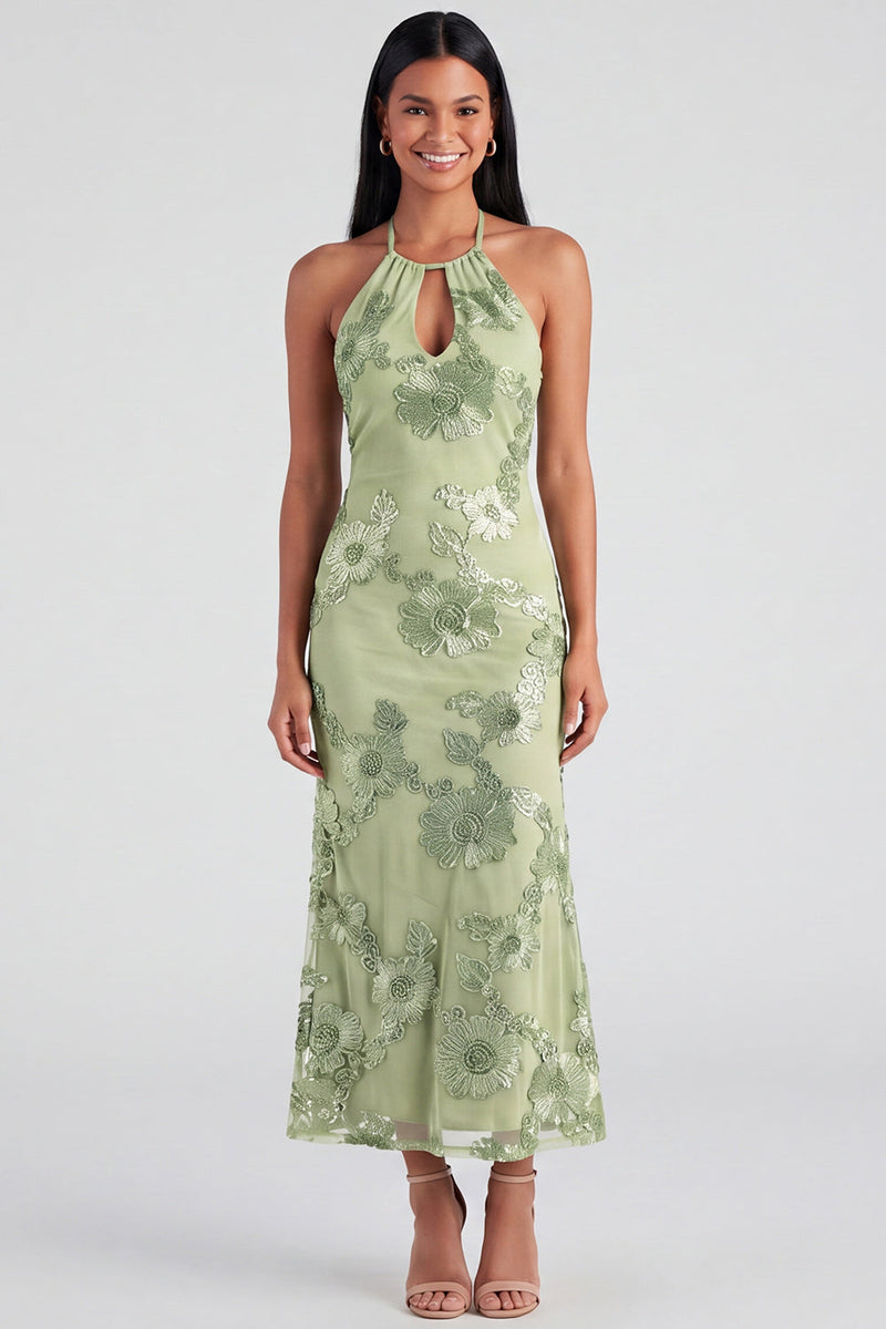 Laden Sie das Bild in den Galerie-Viewer, Salbei-Neckholderhals-Meerjungfrauen-Midi-Kleid mit Blumenstickerei