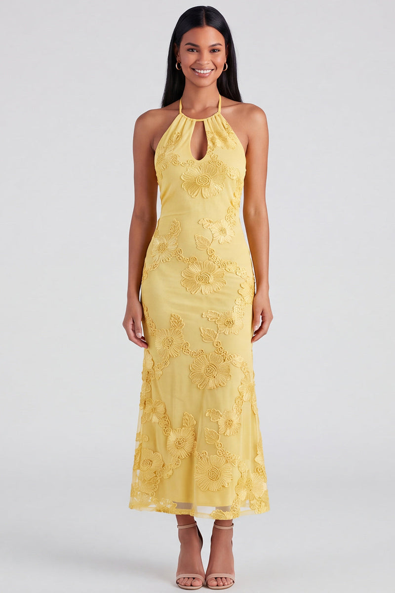 Laden Sie das Bild in den Galerie-Viewer, Salbei-Neckholderhals-Meerjungfrauen-Midi-Kleid mit Blumenstickerei