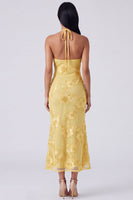 Laden Sie das Bild in den Galerie-Viewer, Salbei-Neckholderhals-Meerjungfrauen-Midi-Kleid mit Blumenstickerei
