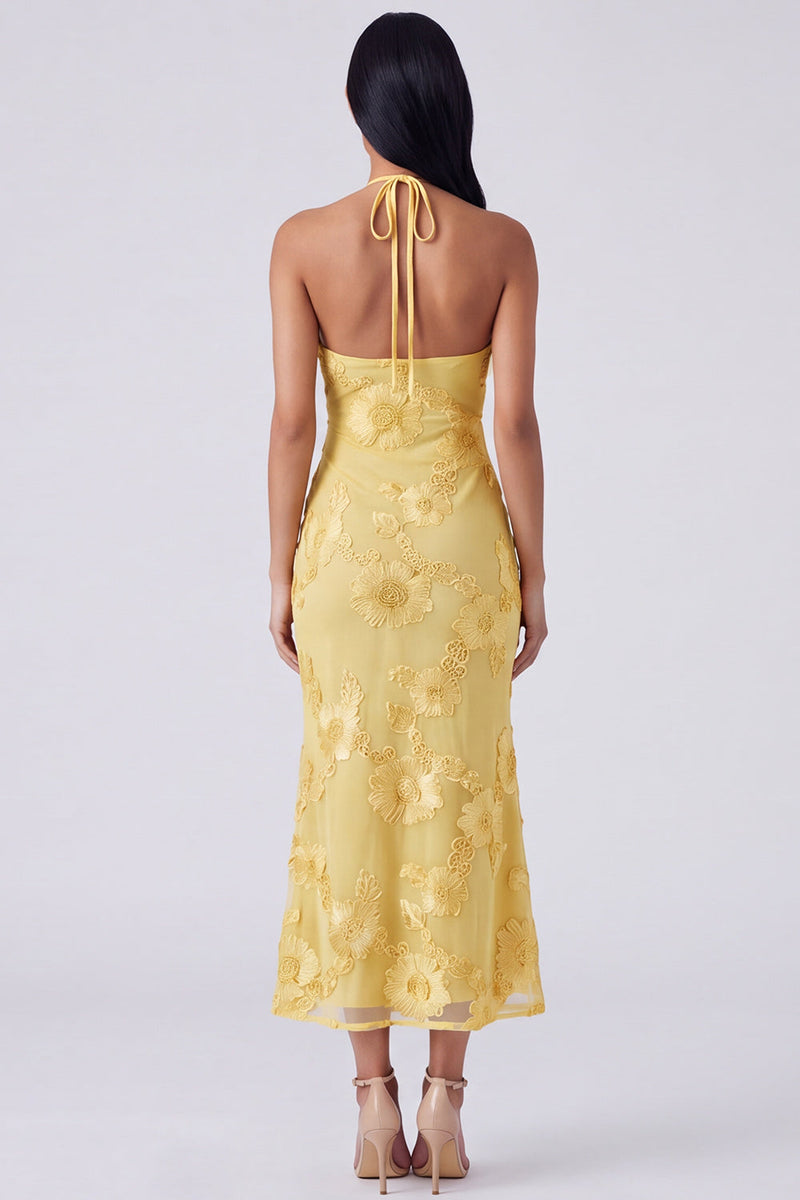 Laden Sie das Bild in den Galerie-Viewer, Salbei-Neckholderhals-Meerjungfrauen-Midi-Kleid mit Blumenstickerei