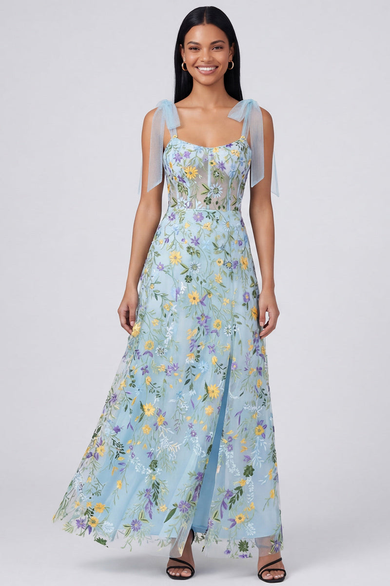 Laden Sie das Bild in den Galerie-Viewer, Blaues Blumenkorsett A-Linie Maxikleid mit Schlitz