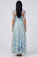 Laden Sie das Bild in den Galerie-Viewer, Blaues Blumenkorsett A-Linie Maxikleid mit Schlitz