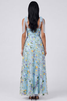Blaues Blumenkorsett A-Linie Maxikleid mit Schlitz