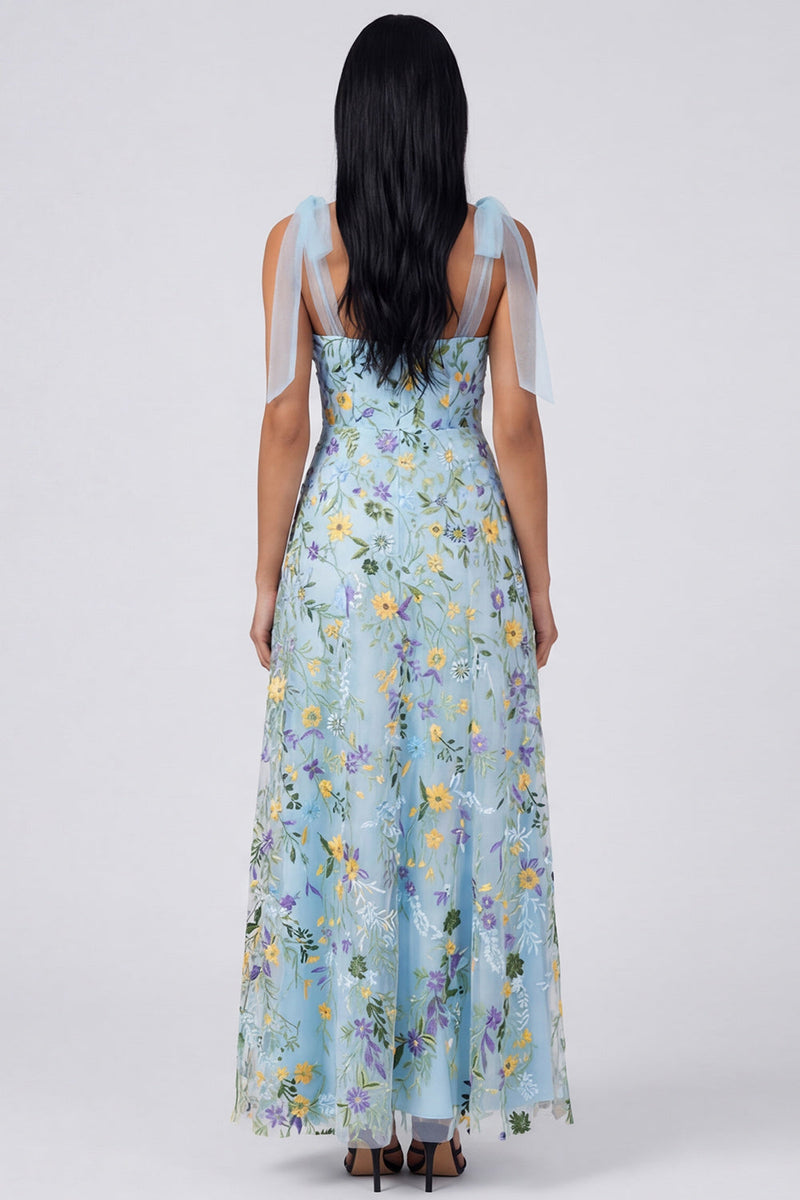 Laden Sie das Bild in den Galerie-Viewer, Blaues Blumenkorsett A-Linie Maxikleid mit Schlitz