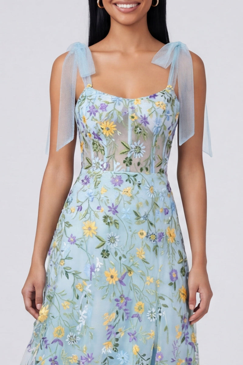 Laden Sie das Bild in den Galerie-Viewer, Blaues Blumenkorsett A-Linie Maxikleid mit Schlitz