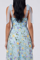 Laden Sie das Bild in den Galerie-Viewer, Blaues Blumenkorsett A-Linie Maxikleid mit Schlitz