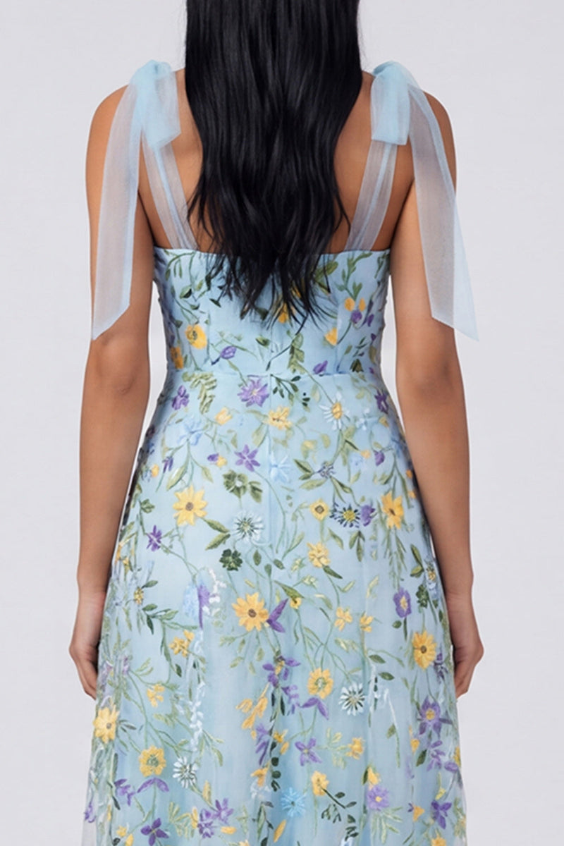 Laden Sie das Bild in den Galerie-Viewer, Blaues Blumenkorsett A-Linie Maxikleid mit Schlitz