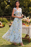 Laden Sie das Bild in den Galerie-Viewer, Blaues Blumenkorsett A-Linie Maxikleid mit Schlitz