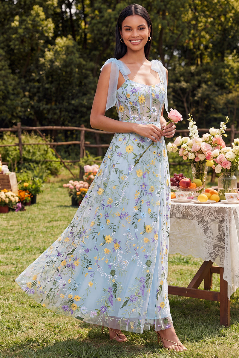 Laden Sie das Bild in den Galerie-Viewer, Blaues Blumenkorsett A-Linie Maxikleid mit Schlitz