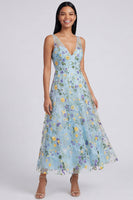 Laden Sie das Bild in den Galerie-Viewer, Blaues Blumen-V-Ausschnitt A-Linie Maxi-Kleid
