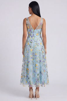 Blaues Blumen-V-Ausschnitt A-Linie Maxi-Kleid