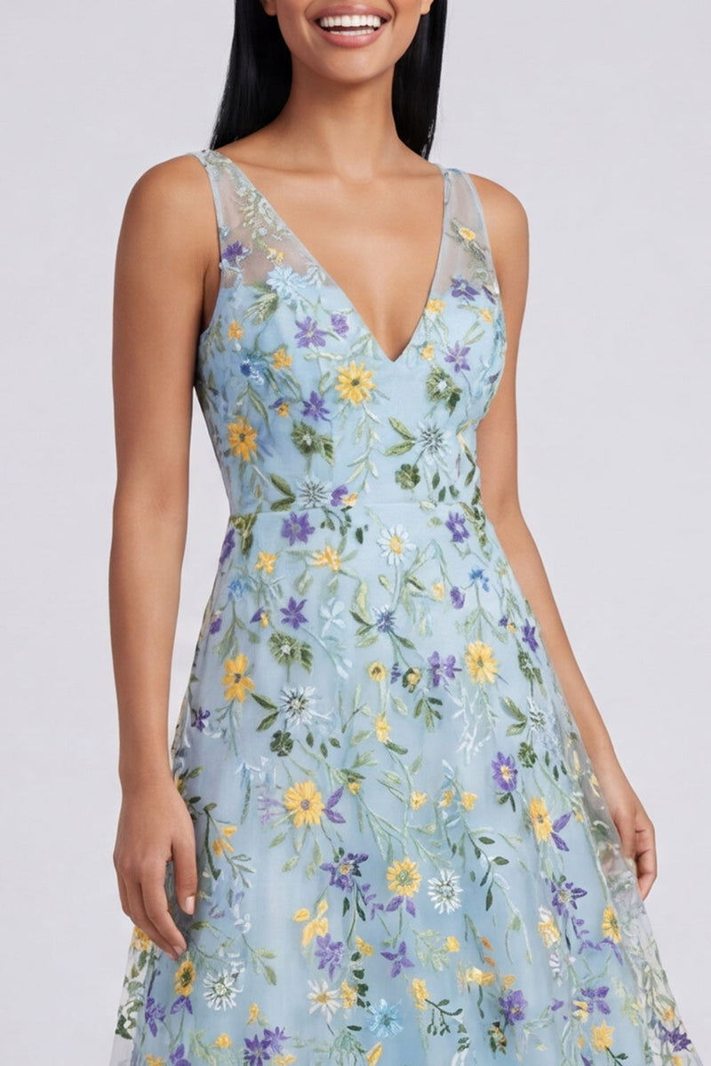Laden Sie das Bild in den Galerie-Viewer, Blaues Blumen-V-Ausschnitt A-Linie Maxi-Kleid