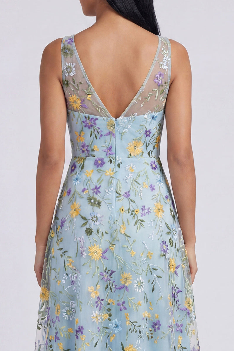 Laden Sie das Bild in den Galerie-Viewer, Blaues Blumen-V-Ausschnitt A-Linie Maxi-Kleid