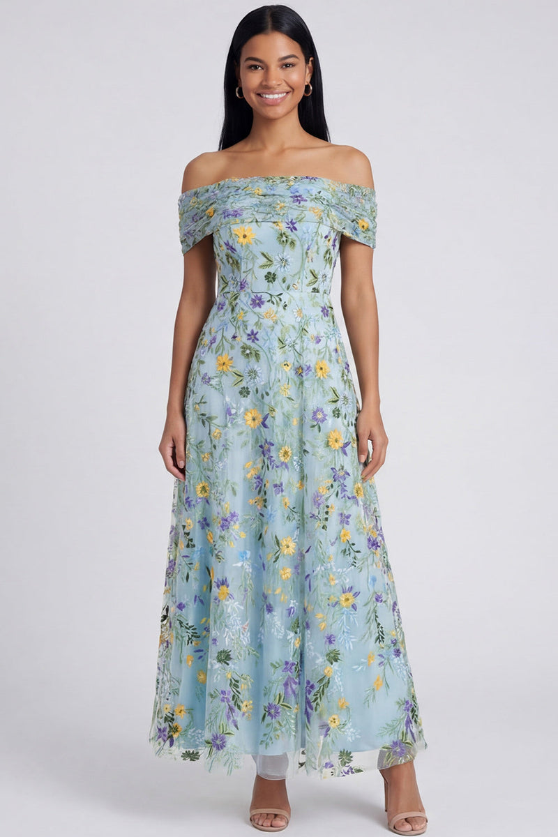 Laden Sie das Bild in den Galerie-Viewer, Blaues, schulterblütiges A-Linie Maxi-Kleid