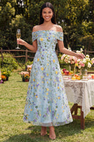 Laden Sie das Bild in den Galerie-Viewer, Blaues, schulterblütiges A-Linie Maxi-Kleid