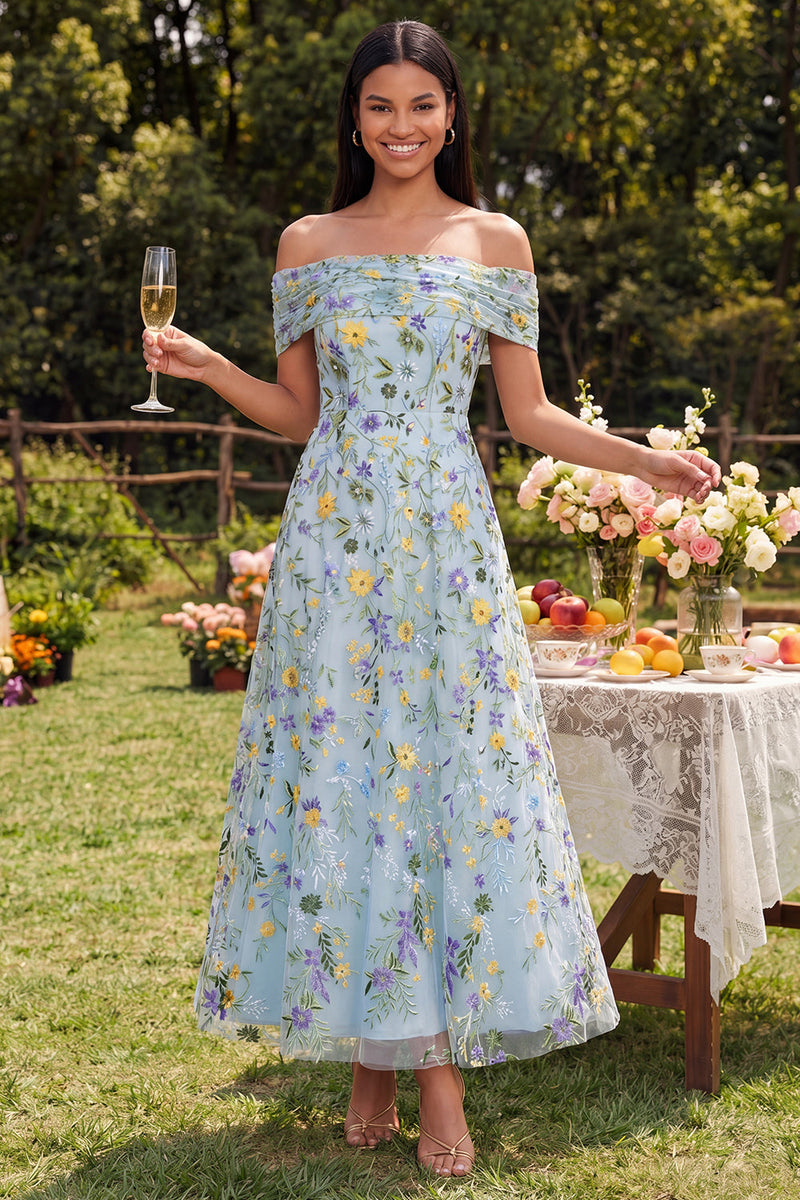 Laden Sie das Bild in den Galerie-Viewer, Blaues, schulterblütiges A-Linie Maxi-Kleid