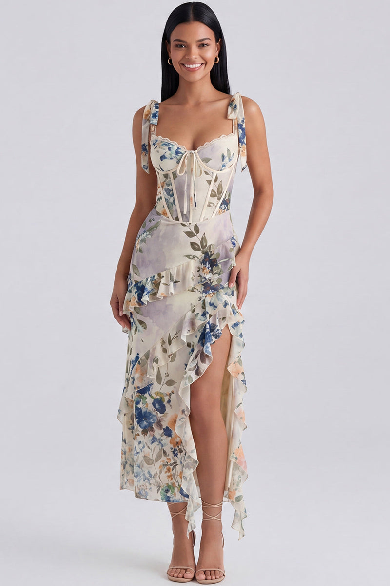 Laden Sie das Bild in den Galerie-Viewer, Elfenbeinfarbenes Blumenkorsett Midi-Kleid mit Schlitz