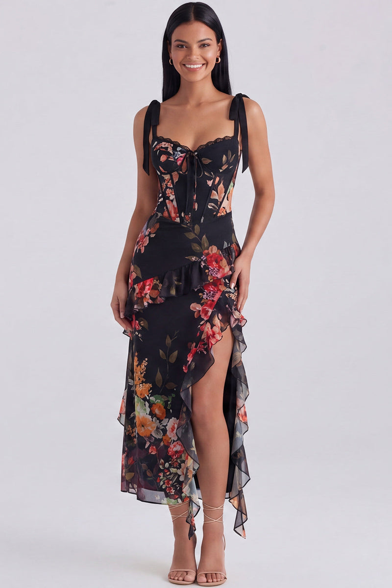 Laden Sie das Bild in den Galerie-Viewer, Elfenbeinfarbenes Blumenkorsett Midi-Kleid mit Schlitz