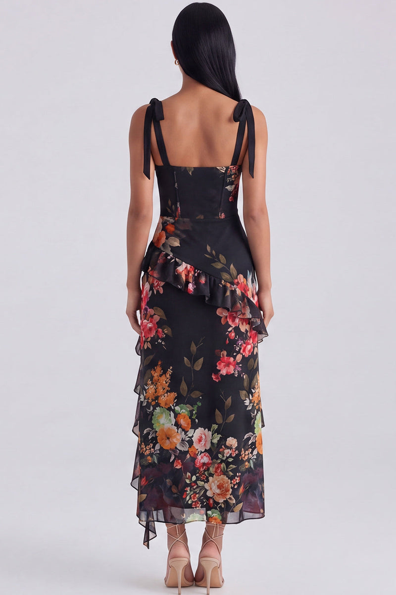 Laden Sie das Bild in den Galerie-Viewer, Elfenbeinfarbenes Blumenkorsett Midi-Kleid mit Schlitz