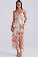 Laden Sie das Bild in den Galerie-Viewer, Elfenbeinfarbenes Blumenkorsett Midi-Kleid mit Schlitz