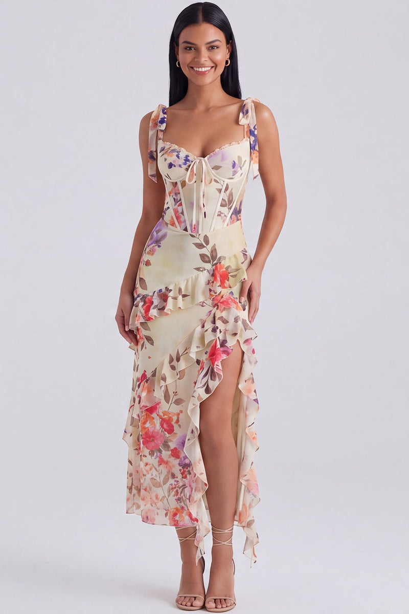 Laden Sie das Bild in den Galerie-Viewer, Elfenbeinfarbenes Blumenkorsett Midi-Kleid mit Schlitz