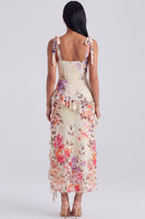 Laden Sie das Bild in den Galerie-Viewer, Elfenbeinfarbenes Blumenkorsett Midi-Kleid mit Schlitz