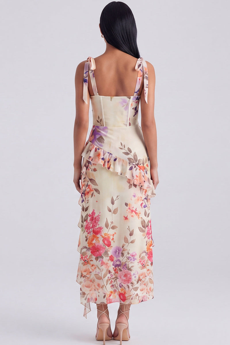 Laden Sie das Bild in den Galerie-Viewer, Elfenbeinfarbenes Blumenkorsett Midi-Kleid mit Schlitz