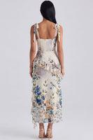 Laden Sie das Bild in den Galerie-Viewer, Elfenbeinfarbenes Blumenkorsett Midi-Kleid mit Schlitz