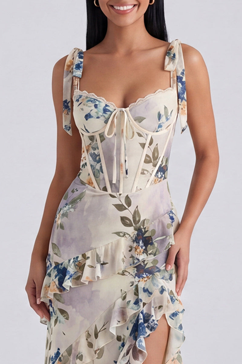 Laden Sie das Bild in den Galerie-Viewer, Elfenbeinfarbenes Blumenkorsett Midi-Kleid mit Schlitz