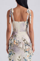 Laden Sie das Bild in den Galerie-Viewer, Elfenbeinfarbenes Blumenkorsett Midi-Kleid mit Schlitz