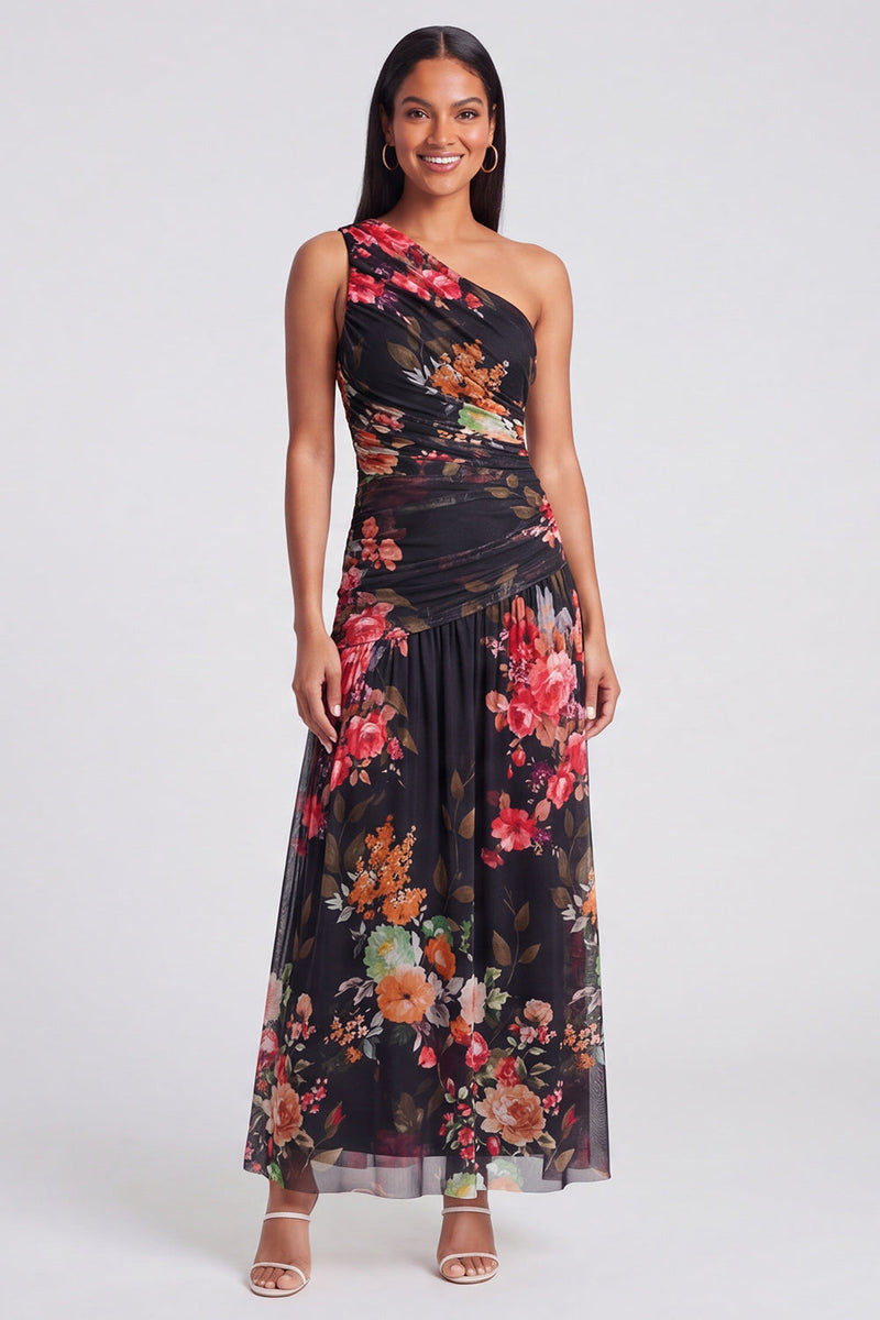 Laden Sie das Bild in den Galerie-Viewer, Elfenbeinfarbenes A-Linie Maxi-Blumenkleid mit einer Schulter