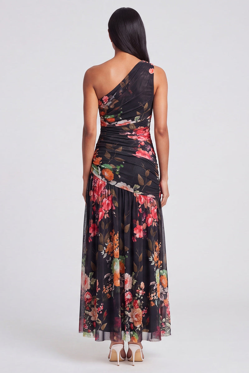 Laden Sie das Bild in den Galerie-Viewer, Elfenbeinfarbenes A-Linie Maxi-Blumenkleid mit einer Schulter