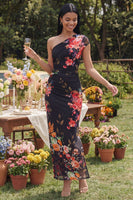 Laden Sie das Bild in den Galerie-Viewer, Elfenbeinfarbenes A-Linie Maxi-Blumenkleid mit einer Schulter