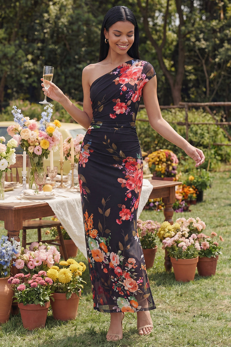 Laden Sie das Bild in den Galerie-Viewer, Elfenbeinfarbenes A-Linie Maxi-Blumenkleid mit einer Schulter