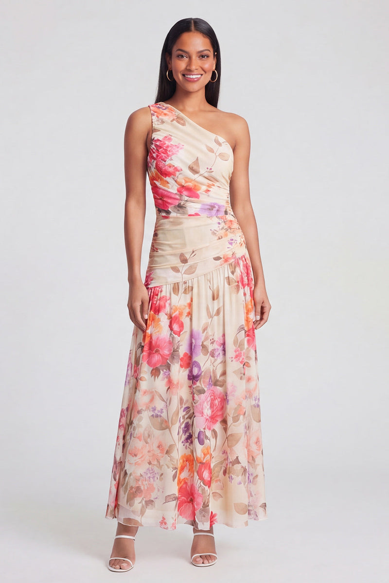 Laden Sie das Bild in den Galerie-Viewer, Elfenbeinfarbenes A-Linie Maxi-Blumenkleid mit einer Schulter