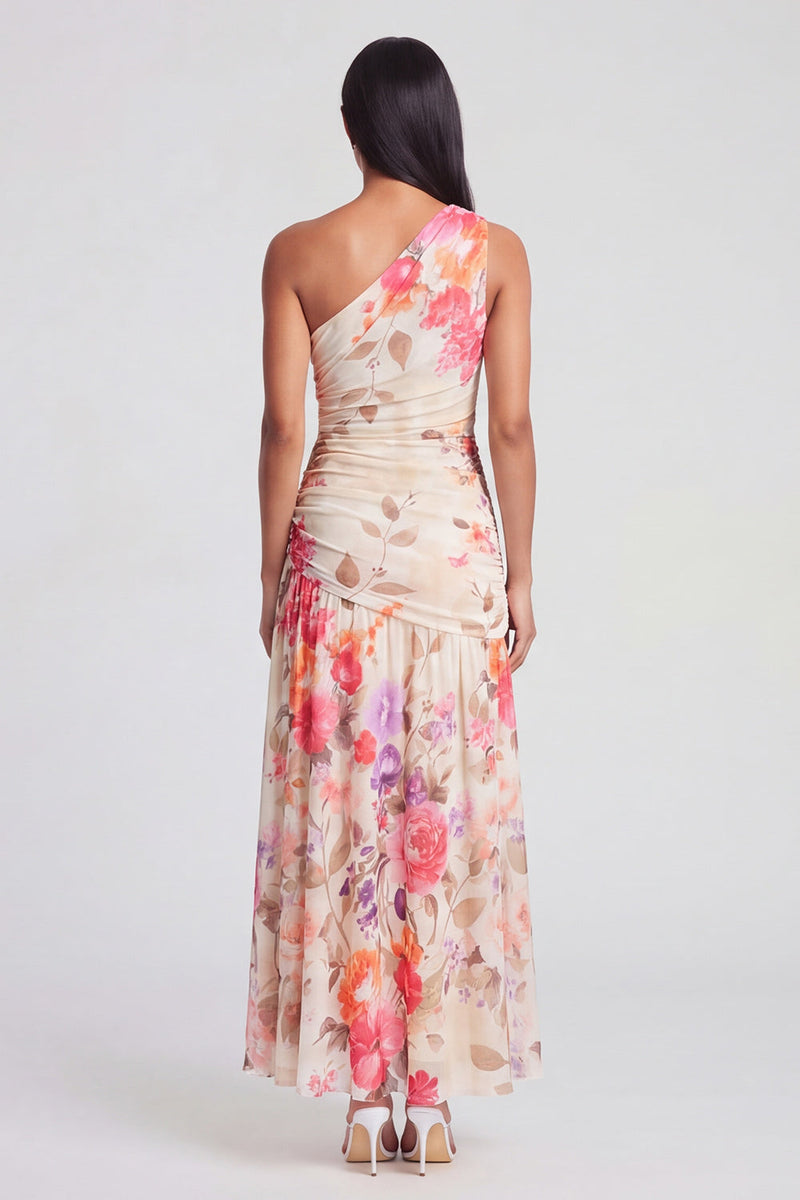 Laden Sie das Bild in den Galerie-Viewer, Elfenbeinfarbenes A-Linie Maxi-Blumenkleid mit einer Schulter