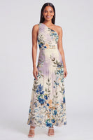 Laden Sie das Bild in den Galerie-Viewer, Elfenbeinfarbenes A-Linie Maxi-Blumenkleid mit einer Schulter