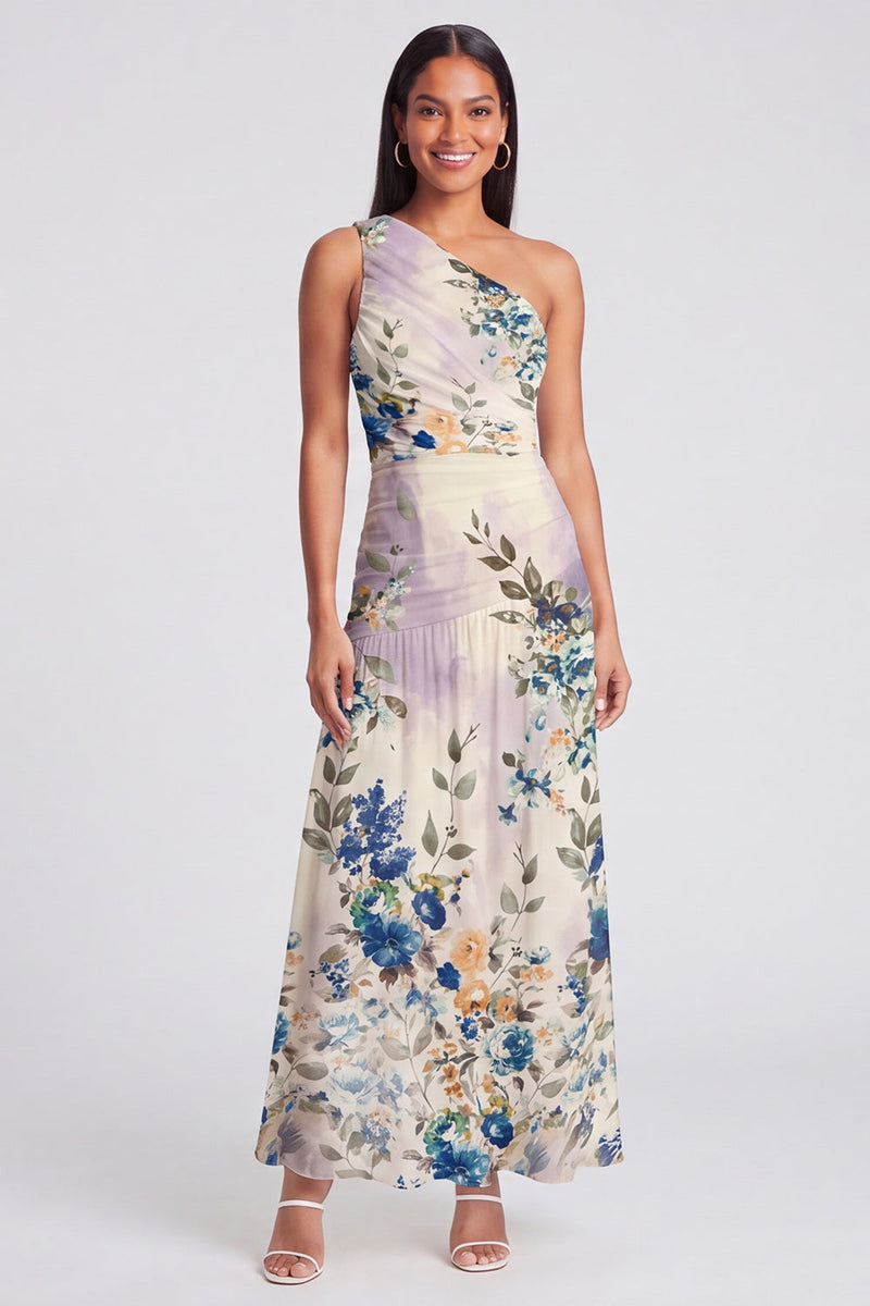 Laden Sie das Bild in den Galerie-Viewer, Elfenbeinfarbenes A-Linie Maxi-Blumenkleid mit einer Schulter