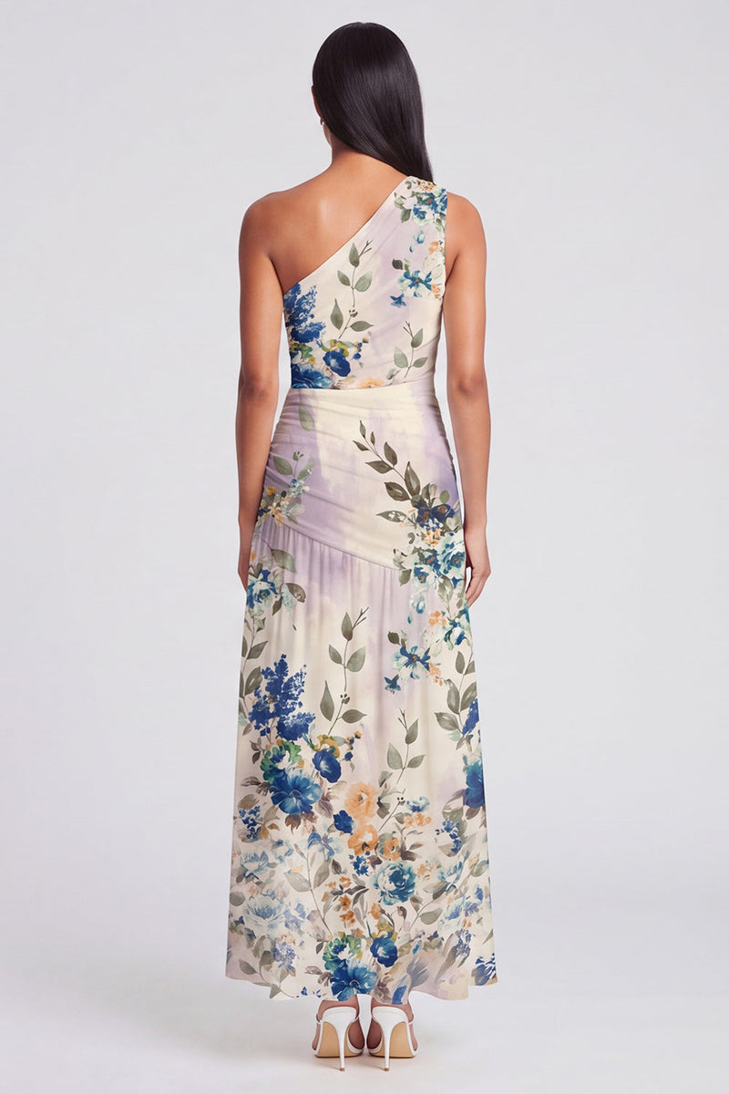 Laden Sie das Bild in den Galerie-Viewer, Elfenbeinfarbenes A-Linie Maxi-Blumenkleid mit einer Schulter