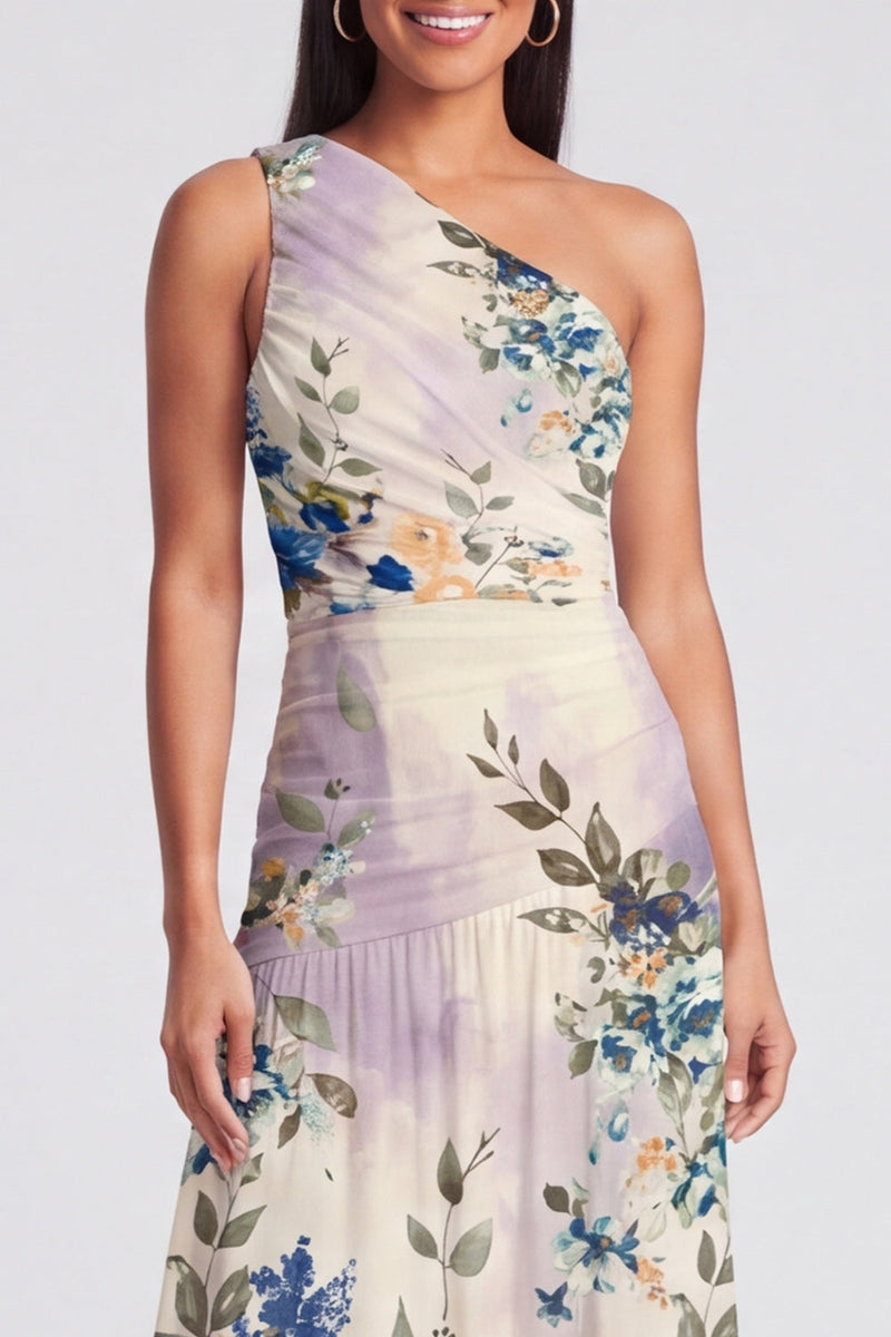 Laden Sie das Bild in den Galerie-Viewer, Elfenbeinfarbenes A-Linie Maxi-Blumenkleid mit einer Schulter