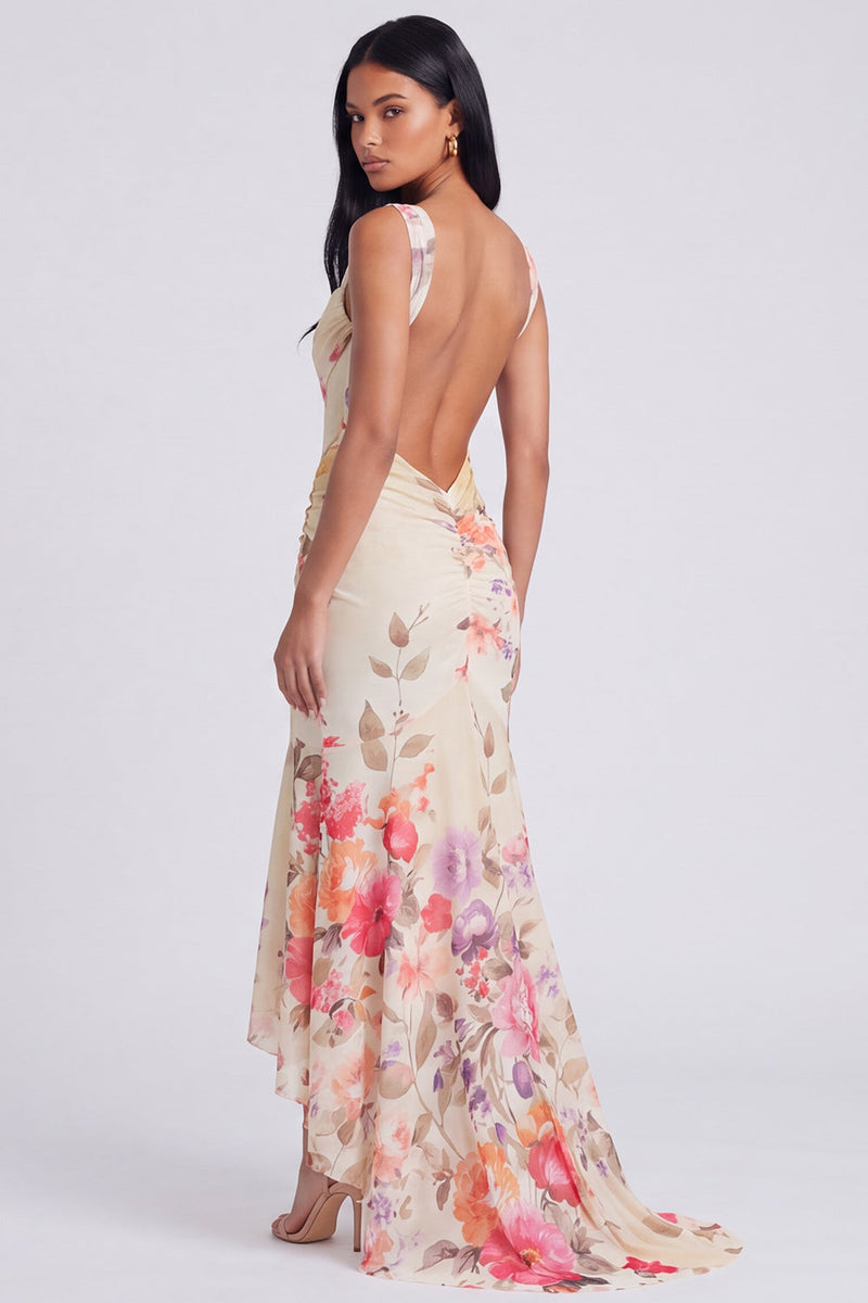 Laden Sie das Bild in den Galerie-Viewer, Elfenbein-Quadrathals Blumen-Meerjungfrauen-Maxikleid