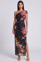 Laden Sie das Bild in den Galerie-Viewer, Elfenbeinfarbenes Blumen-Maxikleid mit einer Schulter