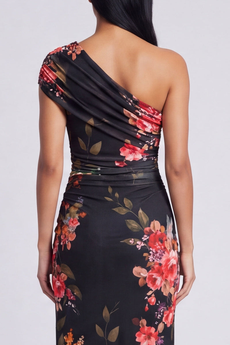 Laden Sie das Bild in den Galerie-Viewer, Elfenbeinfarbenes Blumen-Maxikleid mit einer Schulter