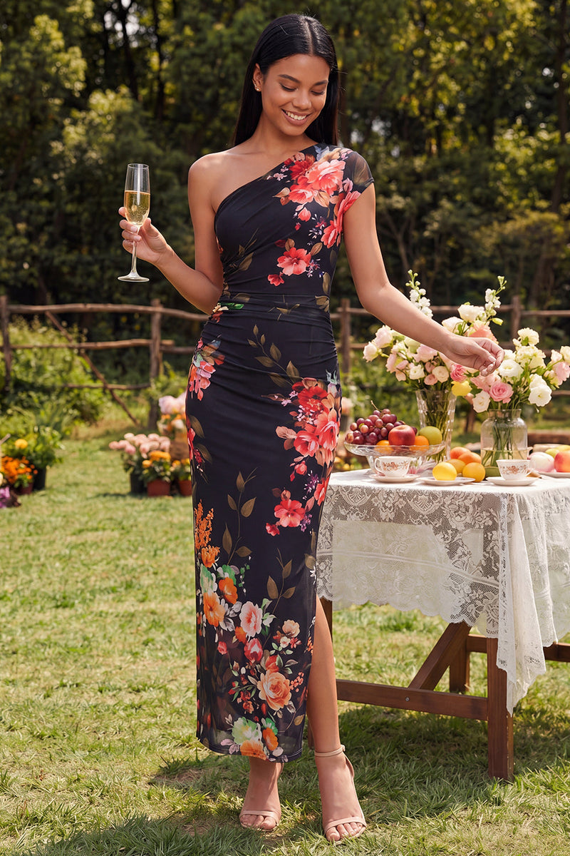 Laden Sie das Bild in den Galerie-Viewer, Elfenbeinfarbenes Blumen-Maxikleid mit einer Schulter