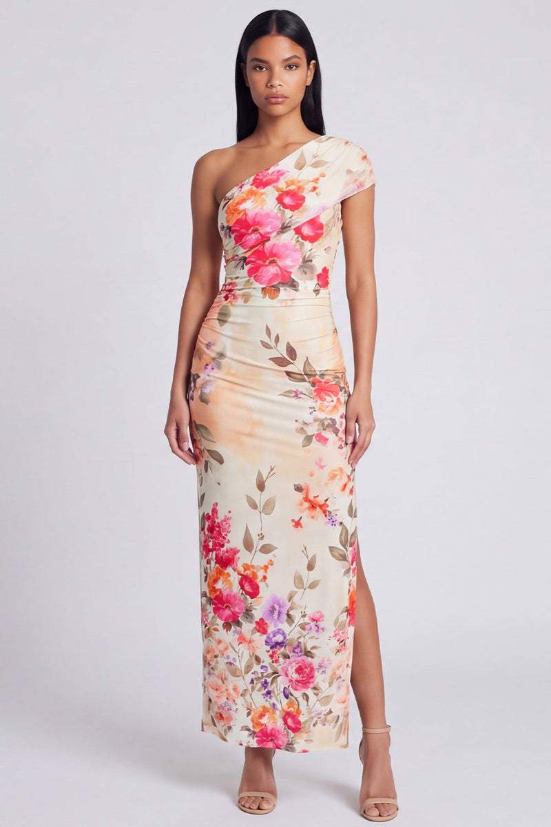 Laden Sie das Bild in den Galerie-Viewer, Elfenbeinfarbenes Blumen-Maxikleid mit einer Schulter