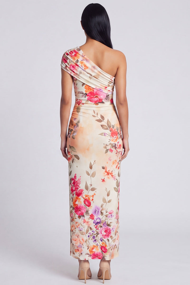 Laden Sie das Bild in den Galerie-Viewer, Elfenbeinfarbenes Blumen-Maxikleid mit einer Schulter