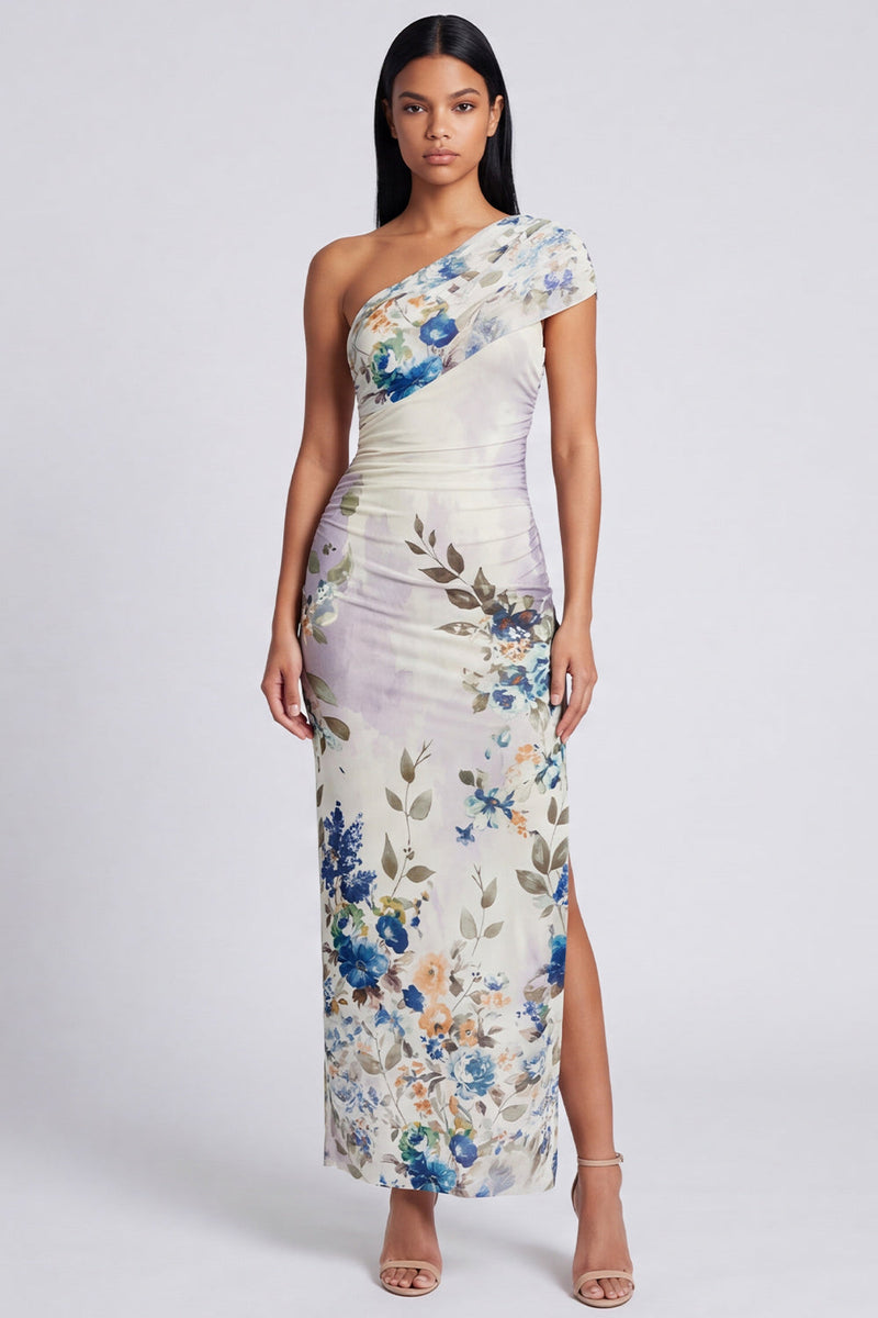 Laden Sie das Bild in den Galerie-Viewer, Elfenbeinfarbenes Blumen-Maxikleid mit einer Schulter